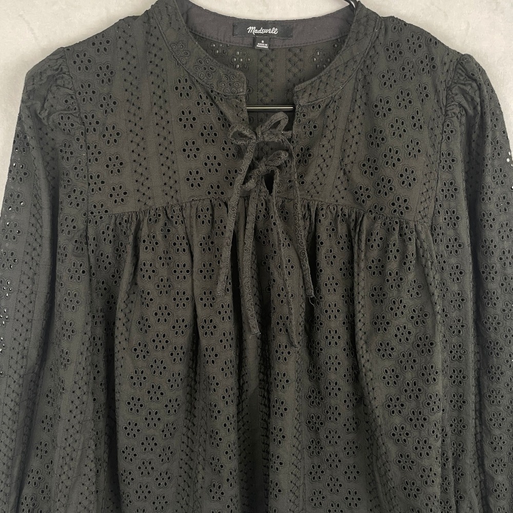 Madewell Black Cotton Victorian Goth Eyelet Tie Neck‎ Long Sleeve Blouse Top S - Picture 3 of 8